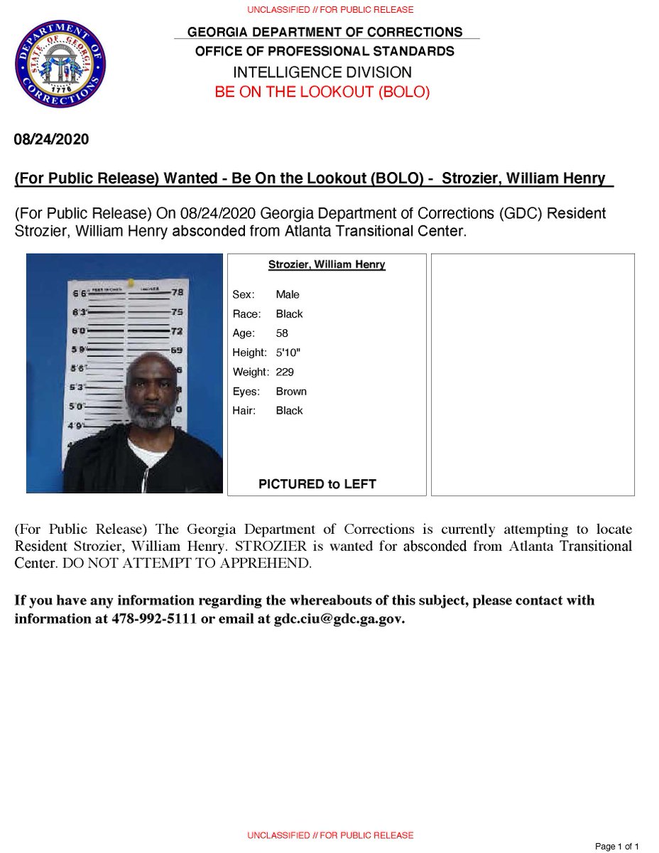 GA_Corrections's tweet photo. #BOLO Atlanta TC resident William Henry Strozier  #414666 failed to return to the center from his place of employment in Atlanta, Ga . Do not approach, call 478.992.5111. 
@wsbtv @11AliveNews @cbs46 @FOX5Atlanta https://t.co/OAFBAh8Zzv