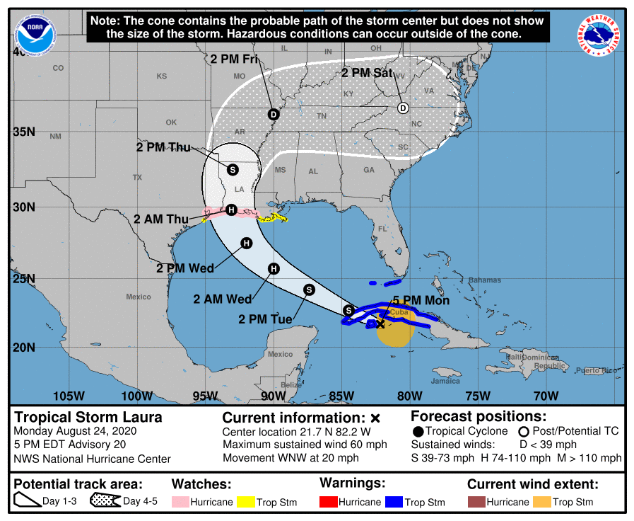 New NHC Advisory has: * A Hurricane Watch from Port Bolivar, TX-west of Morgan City, LA (incl Galveston Bay)* A Storm Surge Watch from San Luis Pass, TX-Ocean Springs, MS* A Tropical Storm Watch off the hurricane watch to San Luis Pass, TX and the Mouth of the MS River.