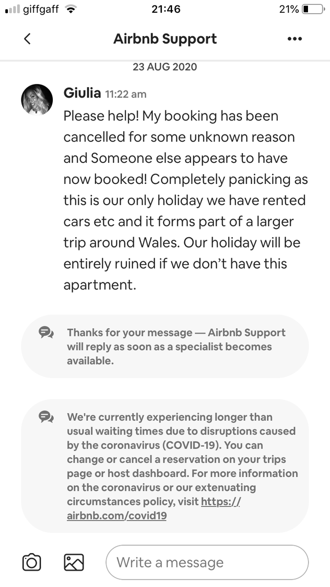 AlidaHair's tweet photo. @Airbnb_uk you cancelled my booking with no warning, no messages. I have nowhere to stay frm 30th Aug! I called your US no. &amp;was promised someone would call back! No response, instead my messages are being ignored &amp; closed! PLEASE HELP! I need to speak with someone! https://t.co/fdou7YmXMW