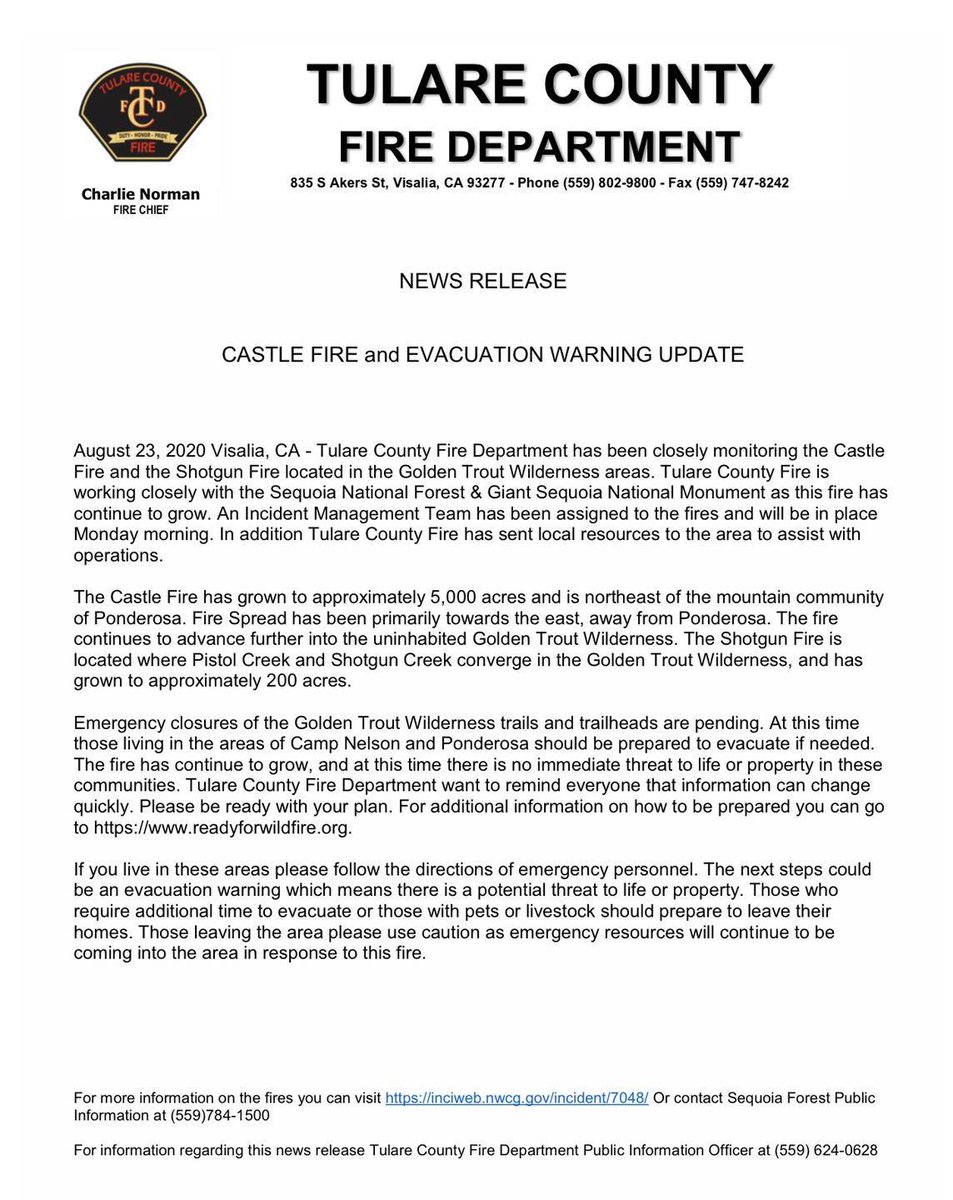 CountyofTulare's tweet image. Update on the #CastleFire burning approx. 5,000 acres in Tulare County