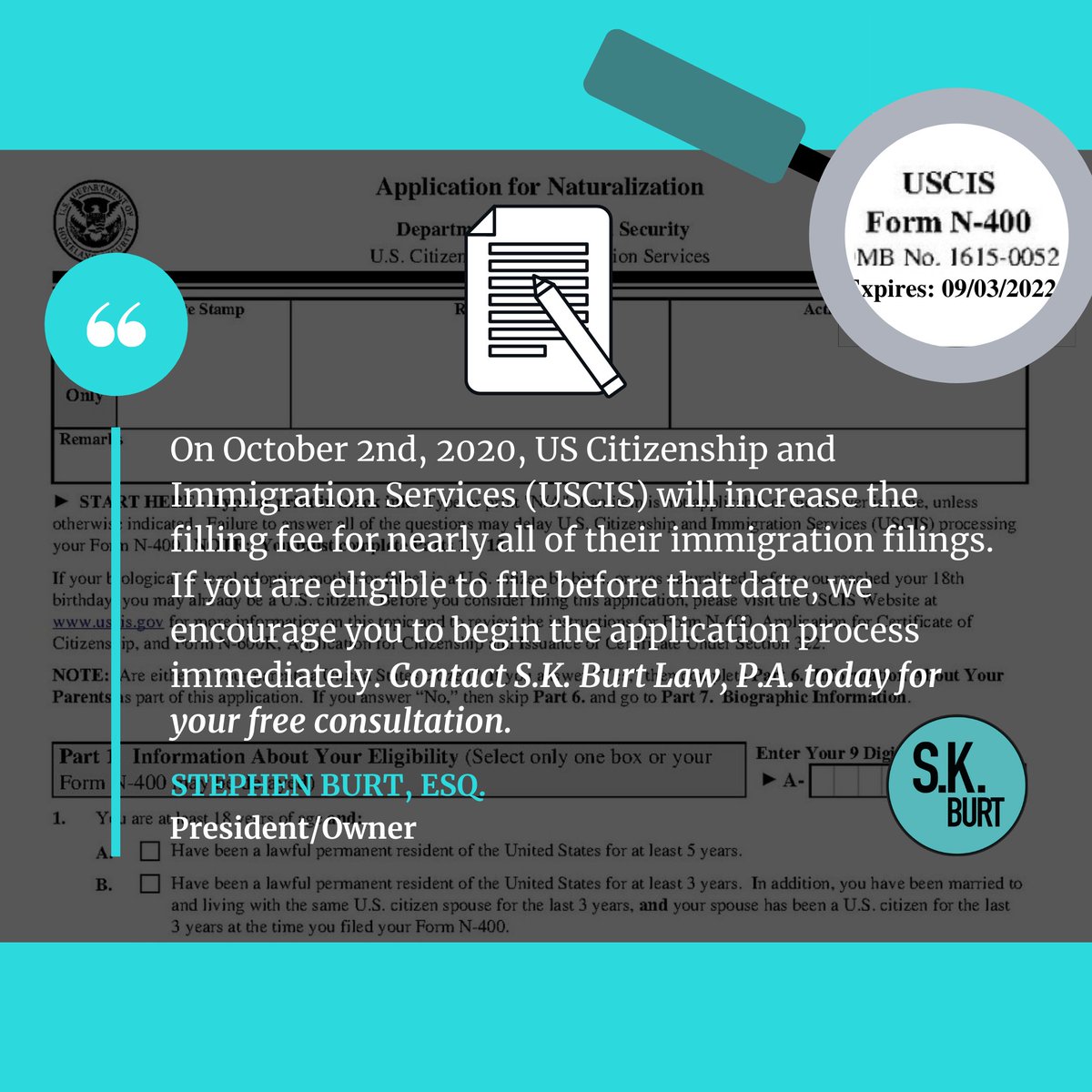 skburtlaw's tweet photo. We are almost a month away from the 10/2/20 deadline. Be sure to apply early with us! See this link for more information. https://t.co/EvVC2yHZMy
La fecha límite se aproxima. Estamos casi a un mes de 10/2/20. ¡Asegúrese de aplicar lo más pronto posible con nuestra ayuda! https://t.co/hh3Mse6d7T