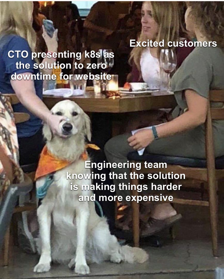 memenetes's tweet photo. "Why did your company start using Kubernetes?"

Me: https://t.co/eHfxt2zTc2