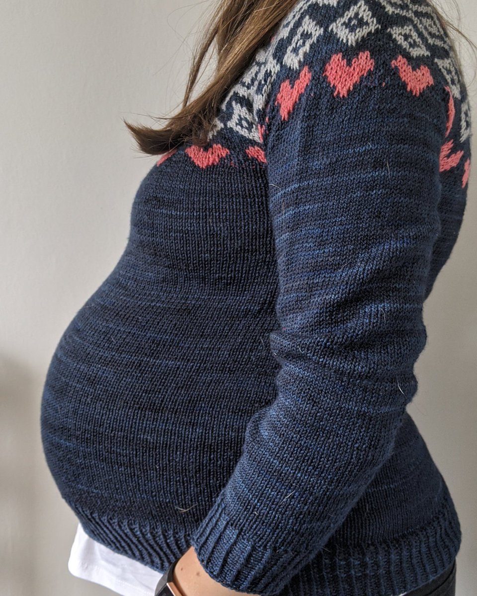 Week 33 bump pic! Quite pleasantly surprised with how stretchy this sweater is! Just started writing up the pattern for this one, hopefully will be ready for a winter release but with a baby due at the start of October who knows? Might be winter 2021... #bump #handknitsweater