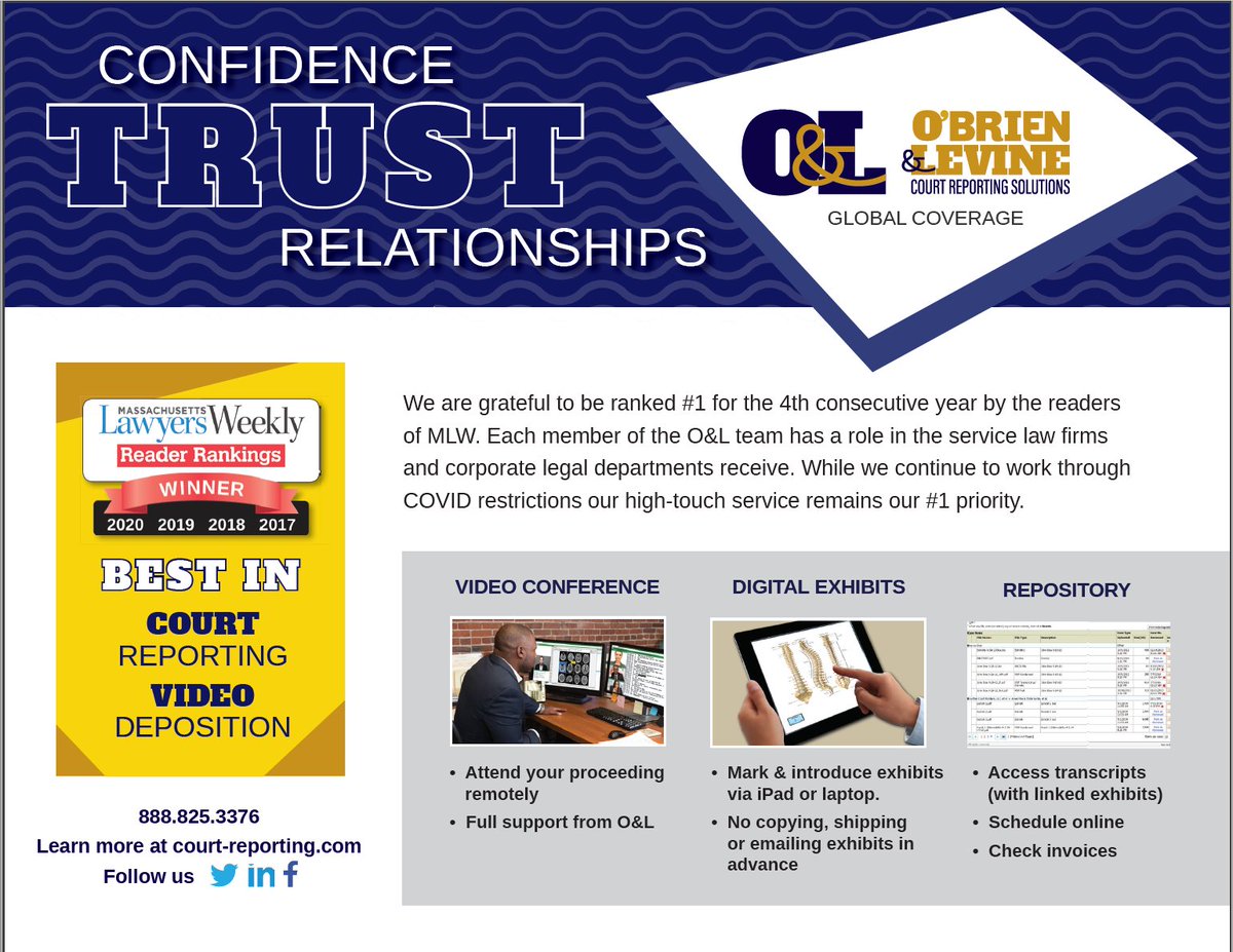 OBrienLevine's tweet image. O&amp;amp;L is ranked #1 for #CourtReporting and #VideoDeposition by readers of @masslw 4 consecutive years. We are proud of our team and grateful for the vote from #litigation teams we service. Thank you for your vote! Visit ow.ly/ojUP50B7SsQ #remotedepositions #paperlessexhibits