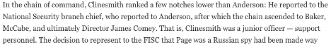 As a preliminary matter, tho, I note that McCarthy accurately describes Clinesmith as “a junior officer – support personnel.” Some pro-Trump voices get mad when Clinesmith is described as a lower-level FBI lawyer, so I wonder if they will give him flak for that. /2