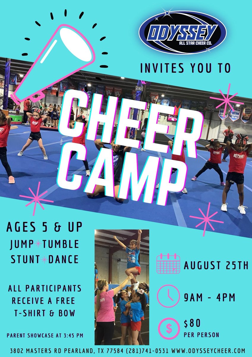Cheerleaders of all ability will benefit from this camp! Camp is for Girls and Boys Ages 5 &amp; Up! All participants receive a free t-shirt and bow!  Register today by calling 281-741-0531!
