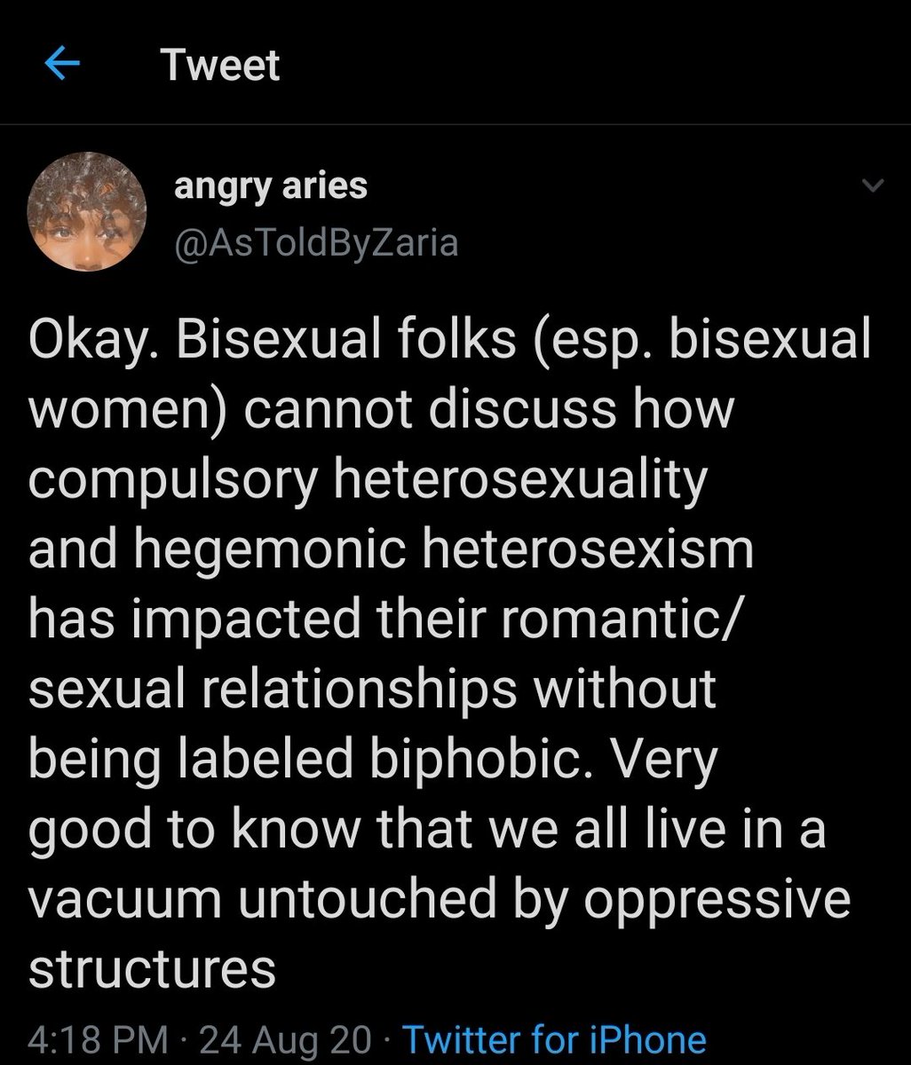 This is dishonest because that's not what was happening in @/sarahogun's thread. The question of validity was placed right in the first tweet, and now y'all are tryna soon it but she said what she said and then immediately doubled down. Stop weaponizing your bisexual identity.