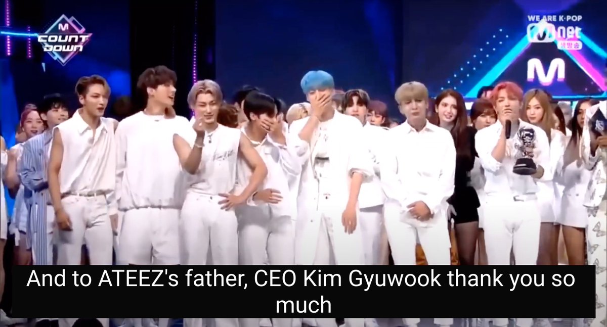 1. ATEEZ & THEIR CEO: Hongjoong always referring to their CEO as "ATEEZ's father" in their award show speeches (wave first win, MAMA global rookie award):