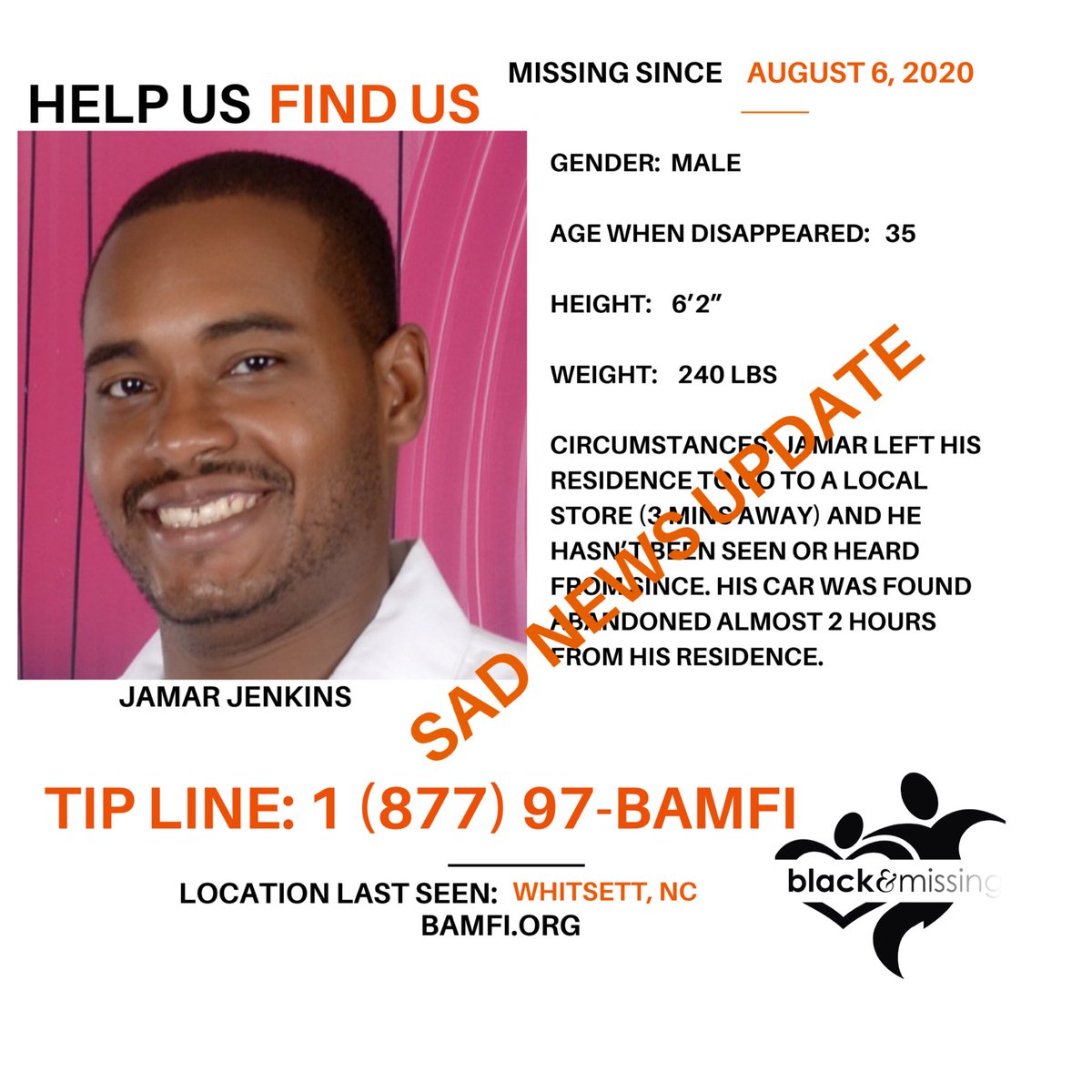 BAM_FI's tweet photo. #SAD NEWS UPDATE: The body of 35y/o Jamar Jenkins missing since August 6, 2020 has been found. 

Our thoughts and prayers are with his family and friends during this difficult time 😢🙏🏾

Thank you for sharing his profile. #HelpUsFindUs https://t.co/HuaZMKZ9iW