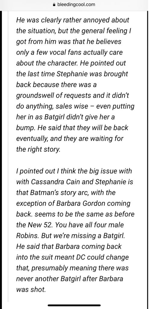 Course the controversey would be a embrago of the two characters by DC. Embargo that hit Stephanie more with the online Smallville comic and Lil Gotham.