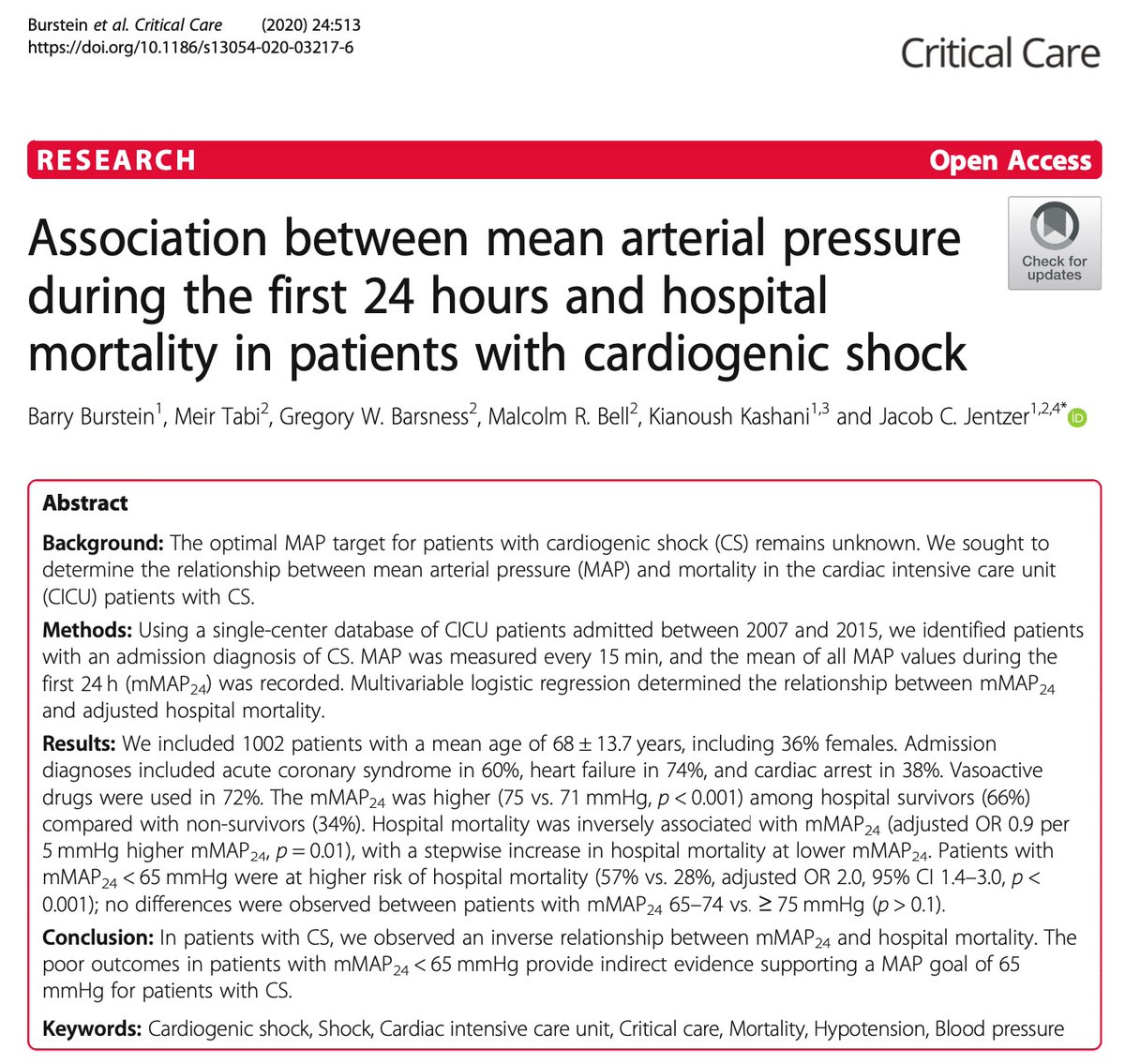 Our analysis of the <a href="/MayoClinic/">Mayo Clinic</a> database demonstrating that MAP>65 mmHg is associated with survival in #CardiogenicShock, now published in <a href="/Crit_Care/">Critical Care</a>. Some guidance for clinicians to improve care for our patients. Great collaboration with <a href="/MeirTabi/">Meir Tabi, MD</a>, <a href="/kianoushbk/">Kianoush Kashani</a>, and others!