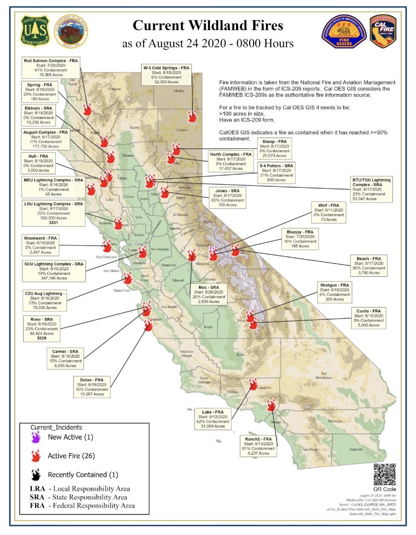 SMCFireDept's tweet photo. Statewide fire map for Monday, August 24th. #MutualAid https://t.co/2H6yqosZ0l
