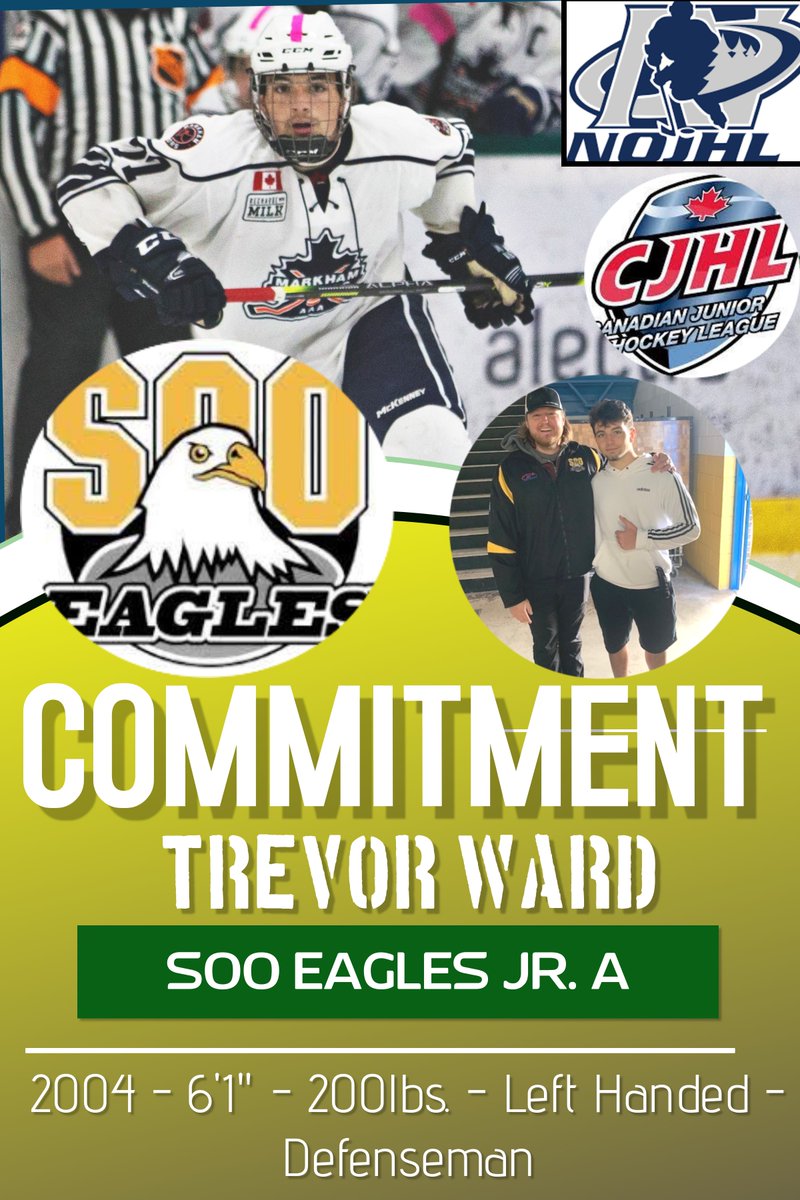Trevor_ward77's tweet photo. I am truly grateful to announce that I have committed to play my Junior A hockey with the @GoSooEagles of the @NOJHL in the @cjhlhockey. Looking forward to the start of this season! Go Eagles! https://t.co/GoY8KAmYEH