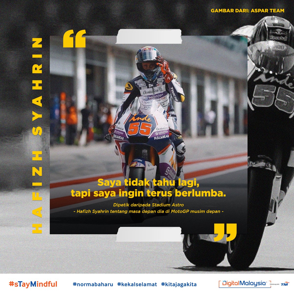 UnifiSports's tweet photo. No more @Hafizh_pescao55 musim depan di #MotoGP? π
Harap segala isu yang dihadapi dapat Hafizh lalui dengan pemikiran positif & terus tabah. We support you all the way. Don't give up, #BO55KU! πͺπ» #Moto2 #sTayMindful #staysafe #newnormal #RMCO #KamiTeamMalaysia https://t.co/zKX5npaJe5