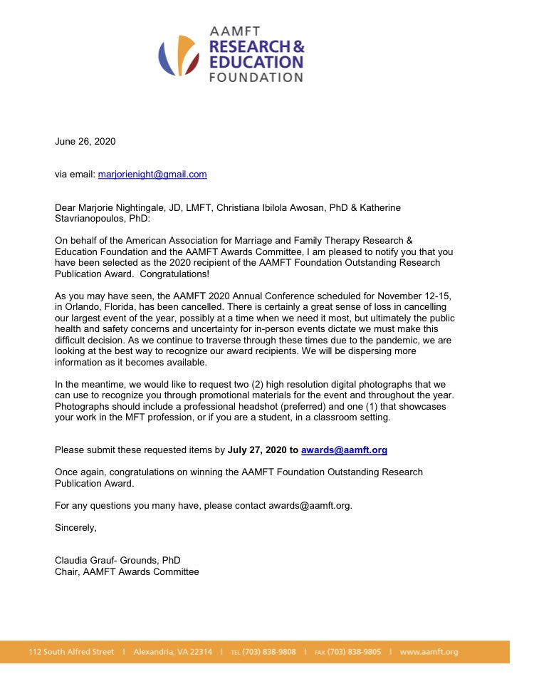MarjorieNight's tweet photo. 1) My very first academic article won the American Association of Marriage and Family Therapy Outstanding Research Publication Award...typically granted to mid to senior level researchers and clinicians. It has never been won before by a doctoral student. https://t.co/livEetbxjH