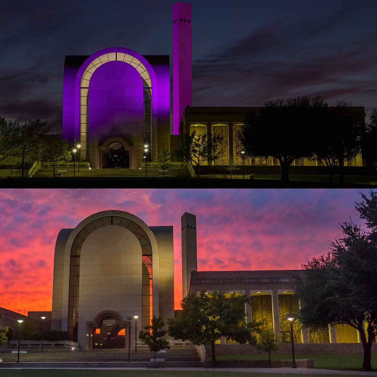 ACUedu's tweet photo. When the spring semester was abruptly interrupted by #COVID19, purple lights flooded these iconic structures until students returned. Tonight, the Onstead Packer Biblical Studies Building and Tower of Light are burning bright in celebration of a new semester! #ACUTogether https://t.co/9cBkM14zra