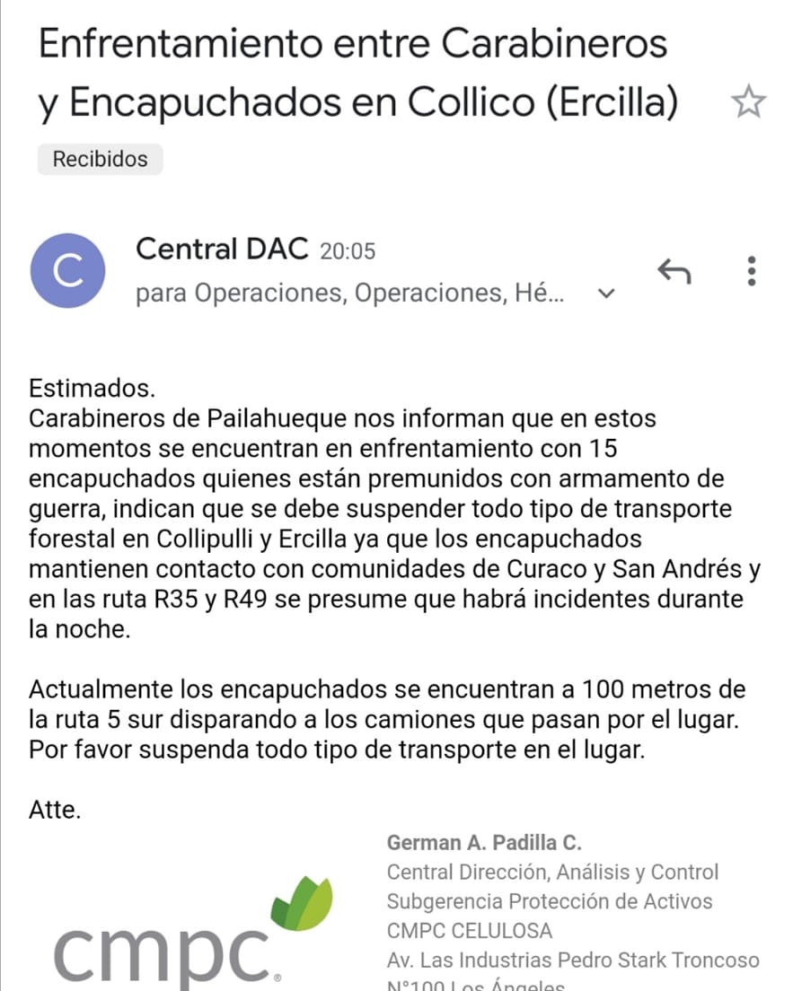 aprachile's tweet photo. 🔴Pailahueque
Enfrentamiento entre encapuchados y carabineros
Carabineros informa que se enfrentan con 15 terroristas con armas de guerra.
Se suspende transporte forestal de Collipulli Ercilla https://t.co/bE4oT0j3eS