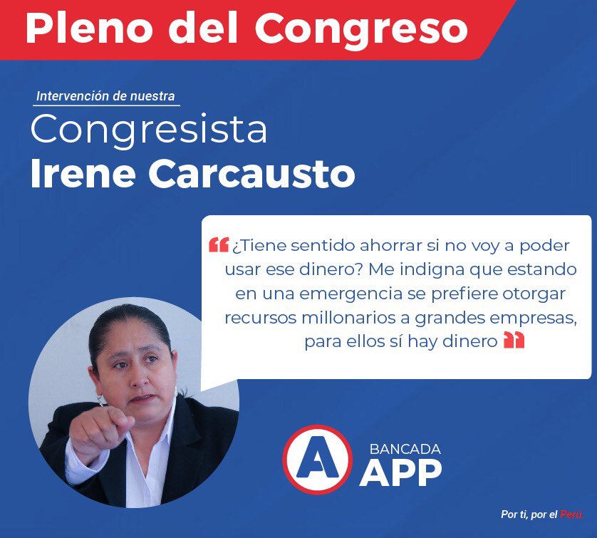 BancadaAPP's tweet photo. 🔊 Irene Carcausto: ¿Tiene sentido ahorrar si no voy a poder usar ese dinero? Me indigna que estando en una emergencia se prefiere otorgar recursos millonarios a grandes empresas, para ellos sí hay dinero. https://t.co/CbfgK1xyWo
