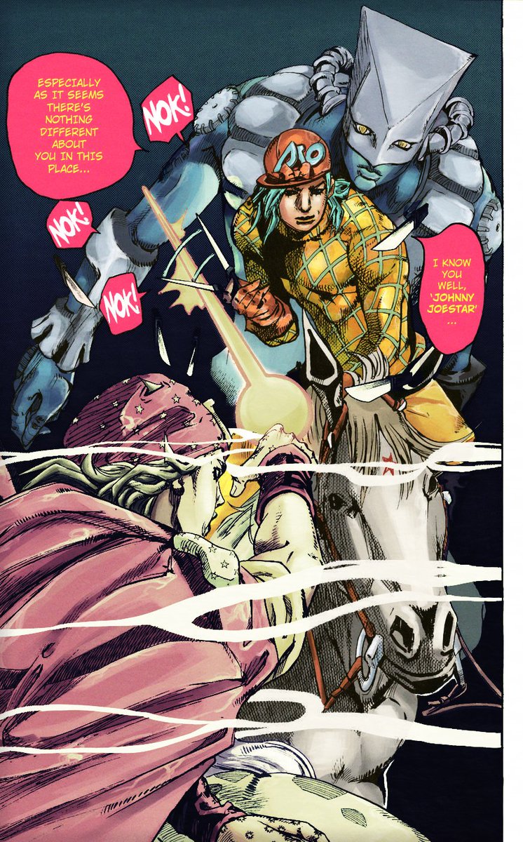 Another colored page, this time from Steel Ball Run (Chapter 91, Page 3). Johnny's palette is directly taken from the Ultra Jump 2011 #5 cover. I decided to do an alt version capturing the look of a time-stop. This was fun but way more challenging than the last one 