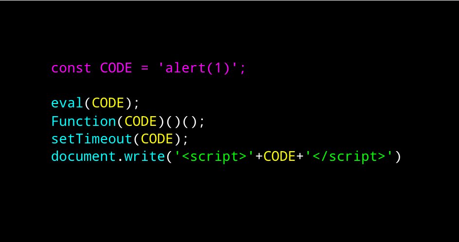 aemkei's tweet image. There are four ways to evaluate JavaScript code represented as a string:

const CODE = &apos;alert(1)&apos;;

1⃣ eval(CODE)
2⃣ Function(CODE)()()
3⃣ setTimeout(CODE)
4⃣ document.write(&apos;&amp;lt;script&amp;gt;&apos;+CODE+&apos;&amp;lt;/script&amp;gt;&apos;)

And variations such as setInterval, innerHTML, …

Did I miss anything here?