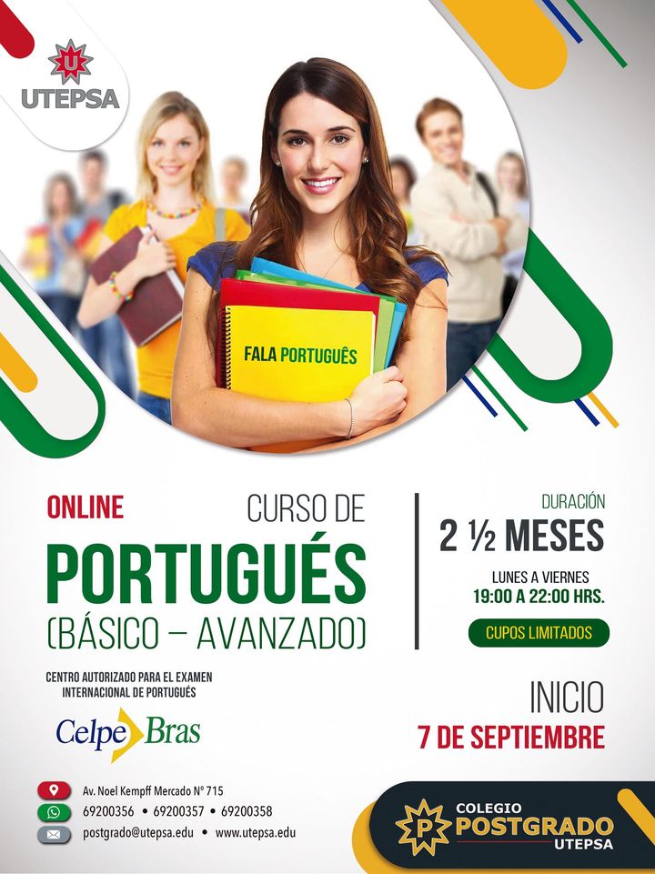 postgradoUtepsa's tweet photo. 🇧🇷 PORTUGUÉS ACELERADO On Line 2 1/2 Meses.
🏢 Universidad UTEPSA único CENTRO AUTORIZADO para certificación CELPEBRAS
📚 Frecuencia: Lunes a Viernes de 19:00 a 22:00 Hrs.
📲 Consultas:
📲 https://t.co/PQCFmqsKim
📲 https://t.co/oAONlVY5Jl
📲 https://t.co/d3KjA7GI6Q https://t.co/wKtS3Jygk9