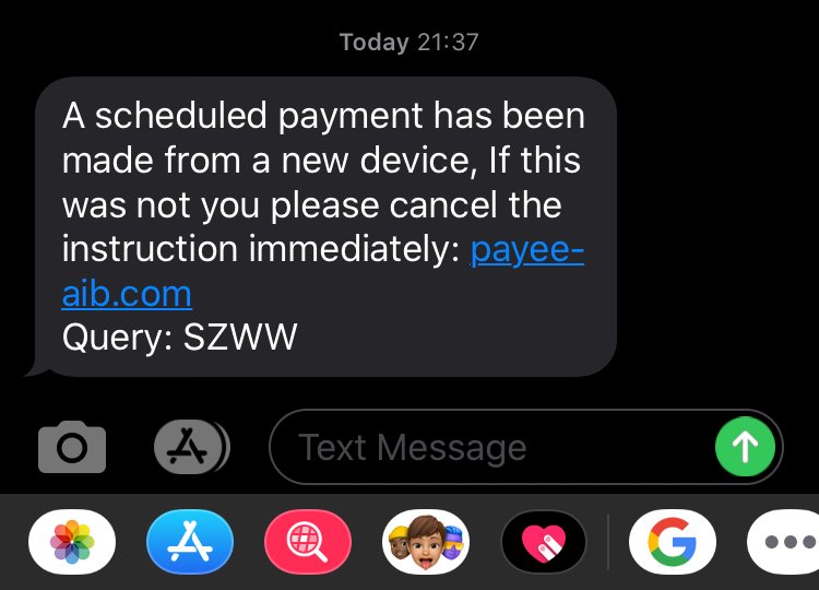 gaelsno6's tweet photo. @AIBBiz 

Is this another scam that came in via messaging on my phone under AIB heading https://t.co/0JaVMnL6vl