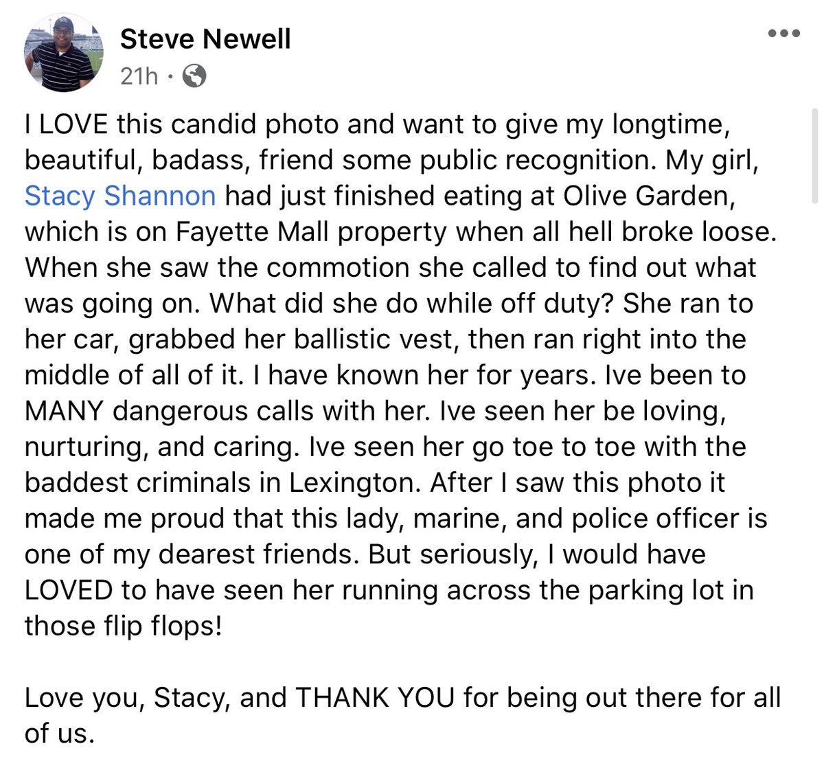 JacquelineMNie's tweet photo. Steve Newell made a FB post about this photo, of his friend Stacy Shannon, a SGT with @lexkypolice, which has gone viral. 

"A month ago she was on the front lines of the protest downtown getting yelled at and spit on," Newell said.

Hear from Newell on @LEX18News at 7. https://t.co/msUbWALvuf