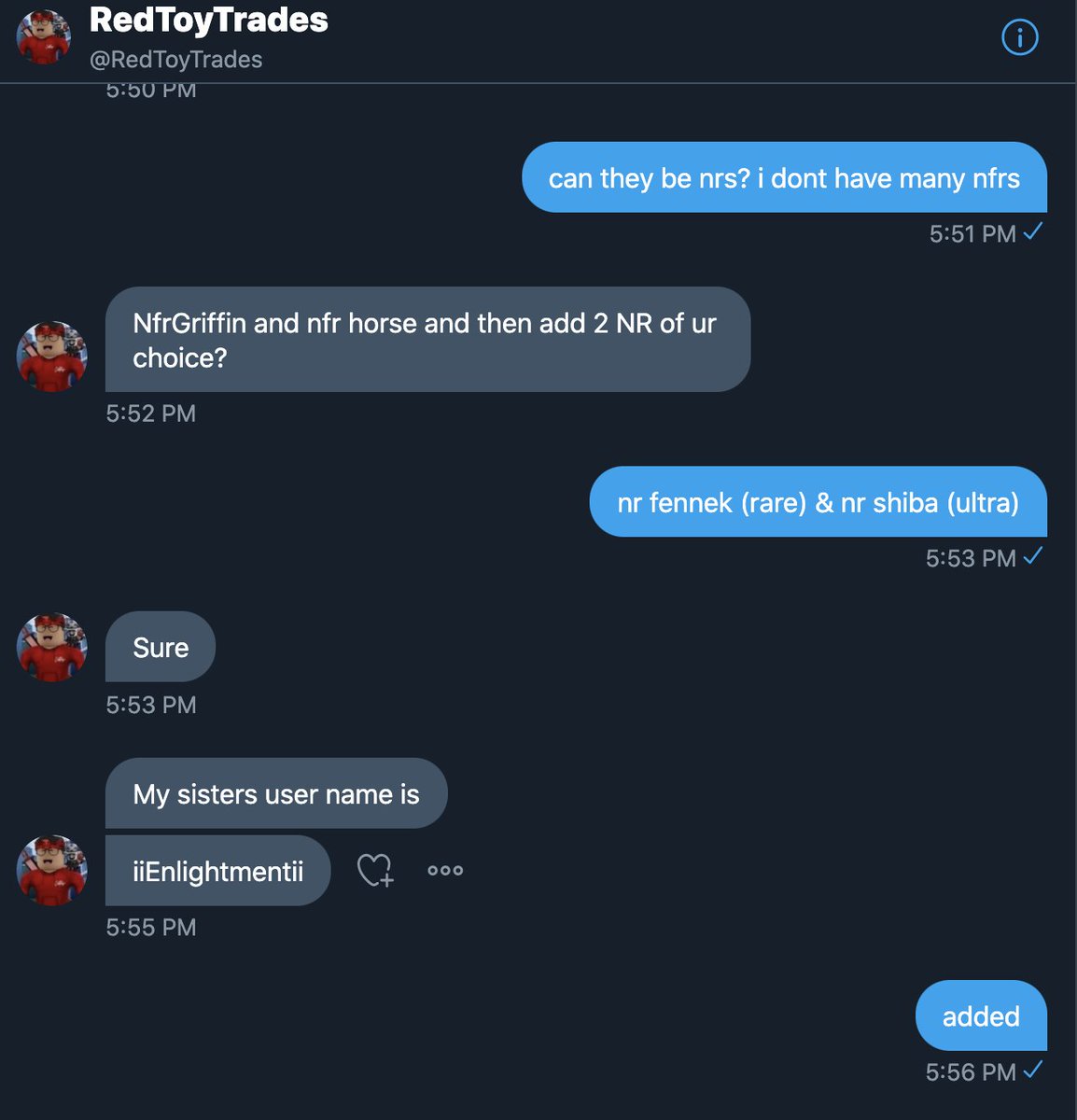 avyetrades's tweet photo. this person is a scammer lol @RedToyTrades | offered me sapphire gaze code for adopt me pets. kinda fishy but i dont care abt adopt me pets so i did it- here are the screenshots: https://t.co/KT01lxCs0N