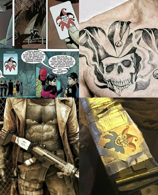 Joker card from Batman endgame is the inspiration for the jester skull tattoo. Knightmare Batman has the same joker card on his gun and it is also seen in the Snyder cut trailer.