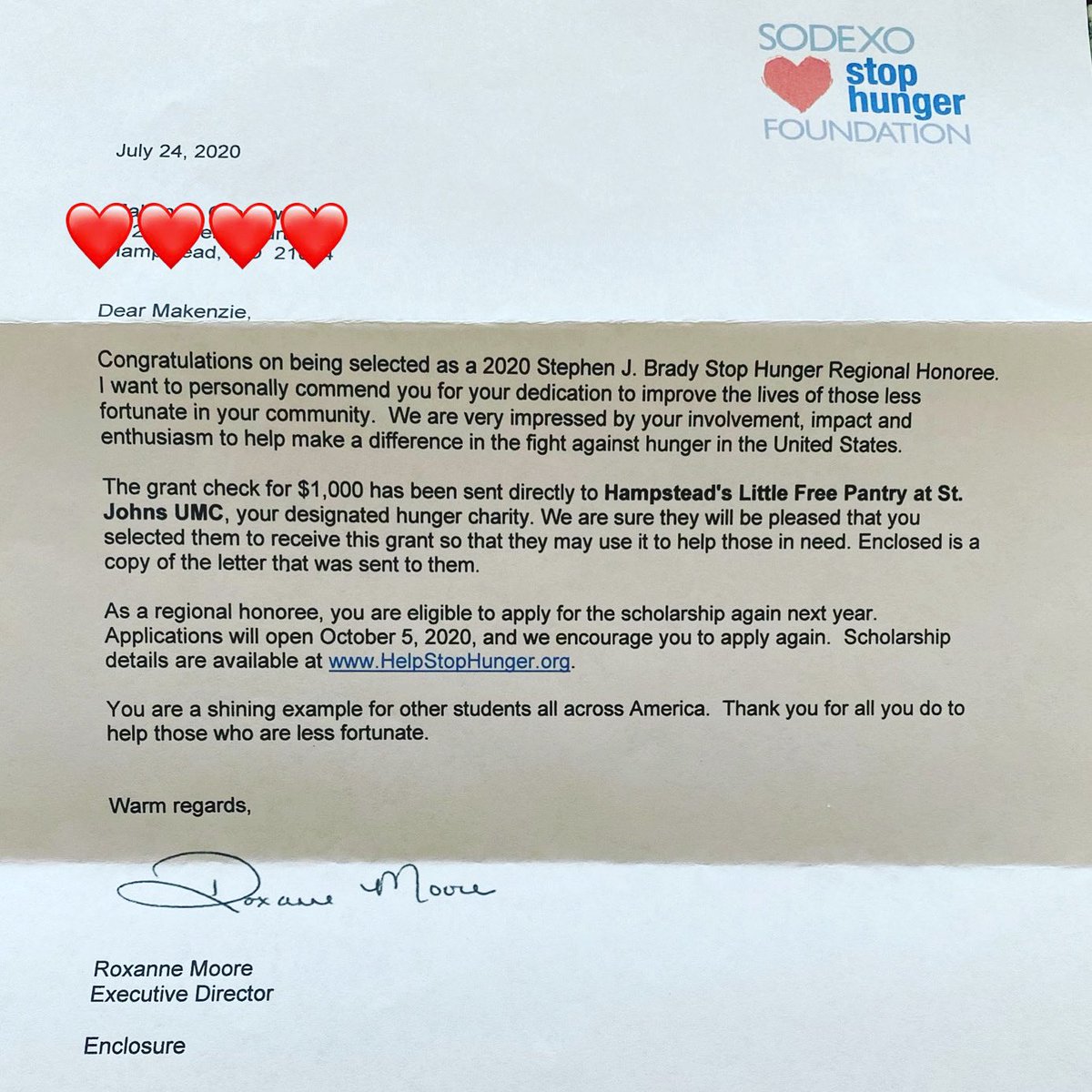 HampsteadsLFP's tweet photo. Super excited to be recognized as a @StopHungerUSA Regional Honoree! Thank you for the generous donation, Sodexo! https://t.co/KuNFMxKitd
