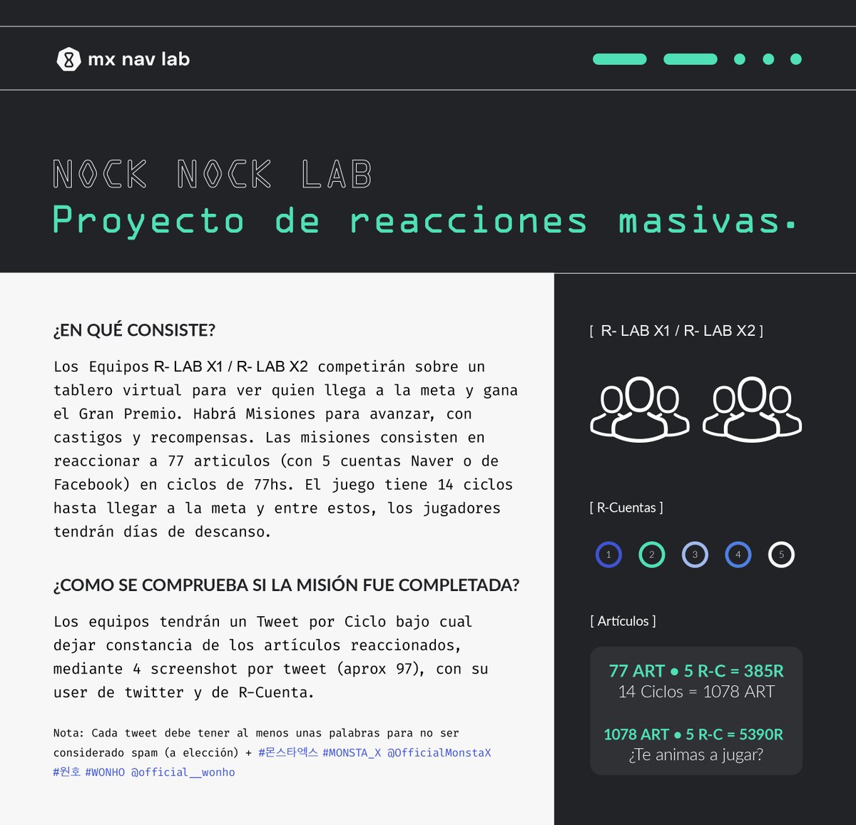 mx_nav_lab's tweet photo. ⚛️ [#NOCKNOCK_LAB] 
<PROYECTO DE REACCIONES MASIVAS>

La cuenta regresiva esta en 00.00. Es momento, el juego esta por comenzar. ¿Quien quiere ganar?

Inscripción:
🔗https://t.co/gZeR26rdwi

#몬스타엑스 #MONSTA_X #원호 #WONHO 
@OfficialMonstaX @official__wonho https://t.co/KsJQBk2SPI
