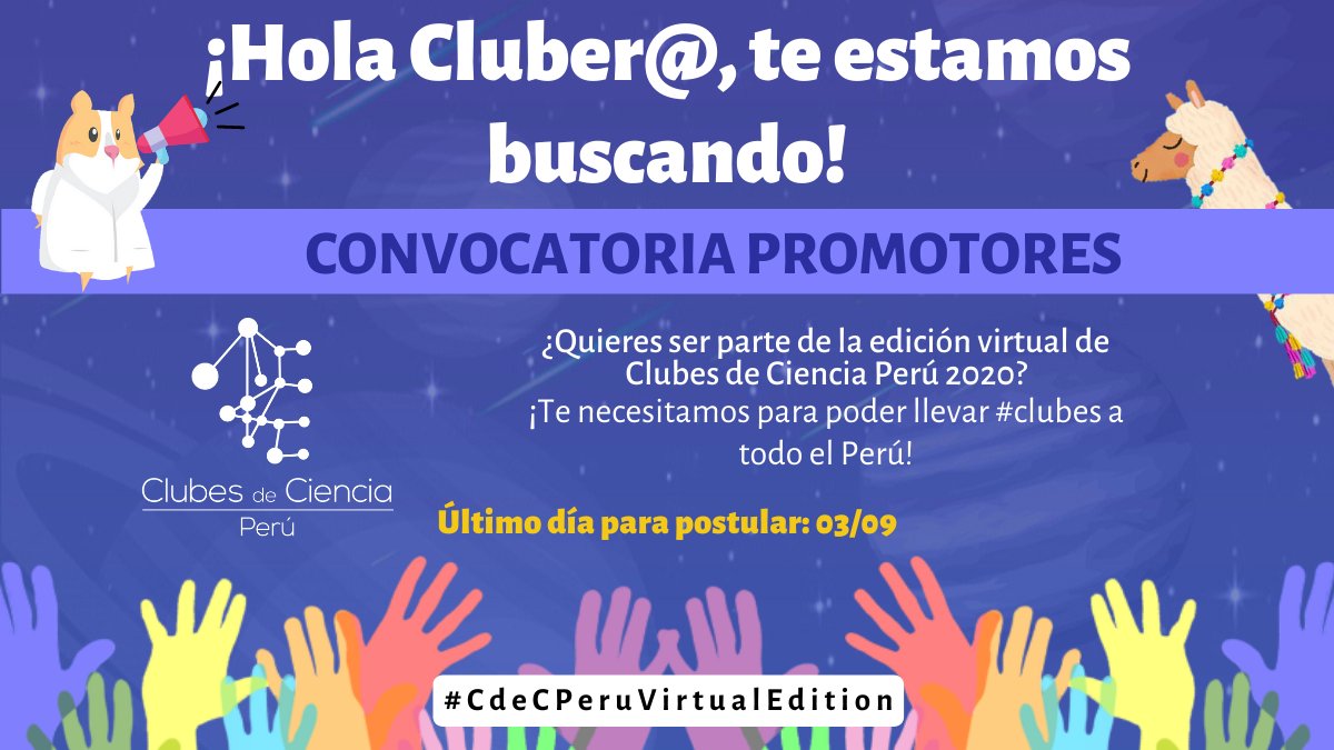 CdeCPeru's tweet photo. [CONVOCATORIA PARA PROMOTORES]

#cdecperuvirtualedition

Ayúdanos a dar a conocer Clubes de Ciencia compartiendo tu experiencia como #clubero, ayudando en la difusión e incentivando a más jóvenes a postular este año. 

Postula aquí: https://t.co/sHKkpD4TgA https://t.co/hIQZFAb8Ok