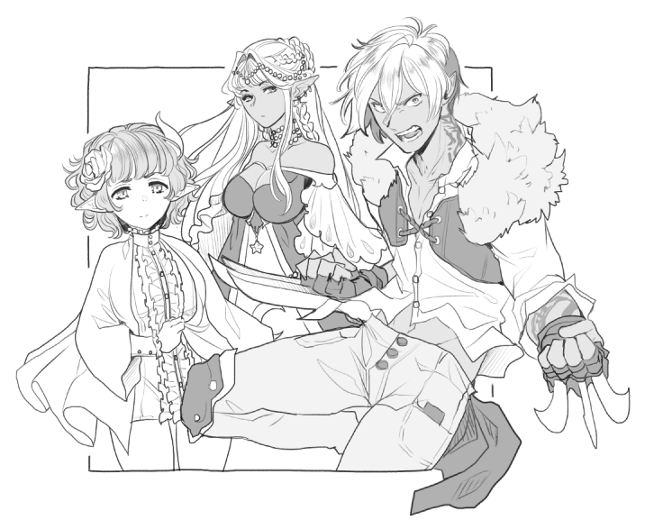 sommmme OC art with two of golden's character sprinkled in there stares at the ladies 