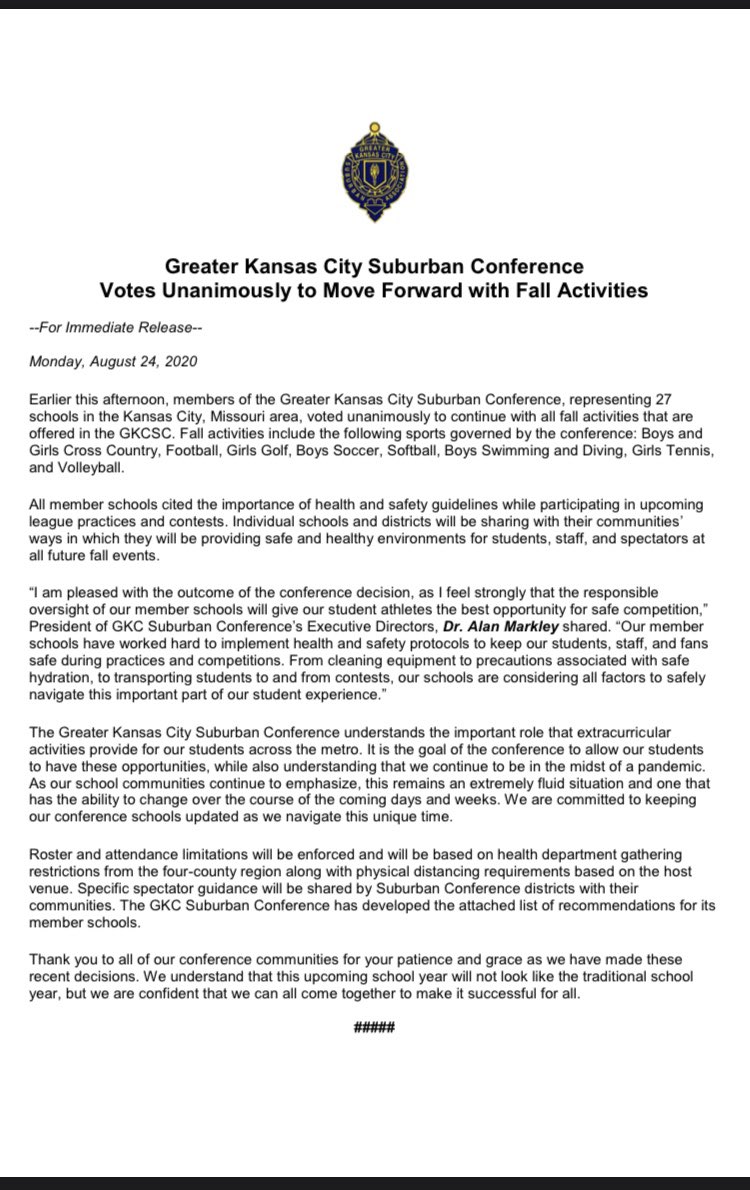 It’s official!!!  Greater Kansas City Suburban Conference votes (27-0) to move forward with fall sports as planned!  Additional game/event details will be released soon.