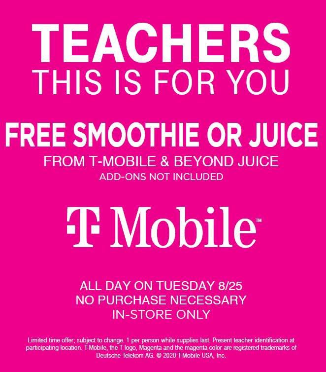 Clarkston Area Chamber of Commerce members T-Mobile and  Beyond Juicery + Eatery invite all Clarkston Community Schools educators to visit tomorrow, Tuesday, Aug. 25 for a free smoothie or juice. Teachers, please present ID; one per person while supplies last. #WeAreClarkston