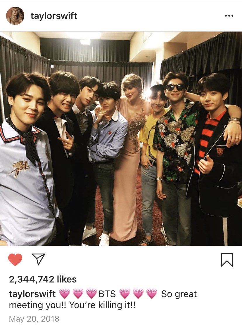 Taylor was the first to share these pictures, pictures that broke the internet. Like literally, Instagram crashed for a while after Taylor dropped these. BTS soon posted their own pictures on Twitter, they mentioned Taylor first.(in total, there are 3 pics)