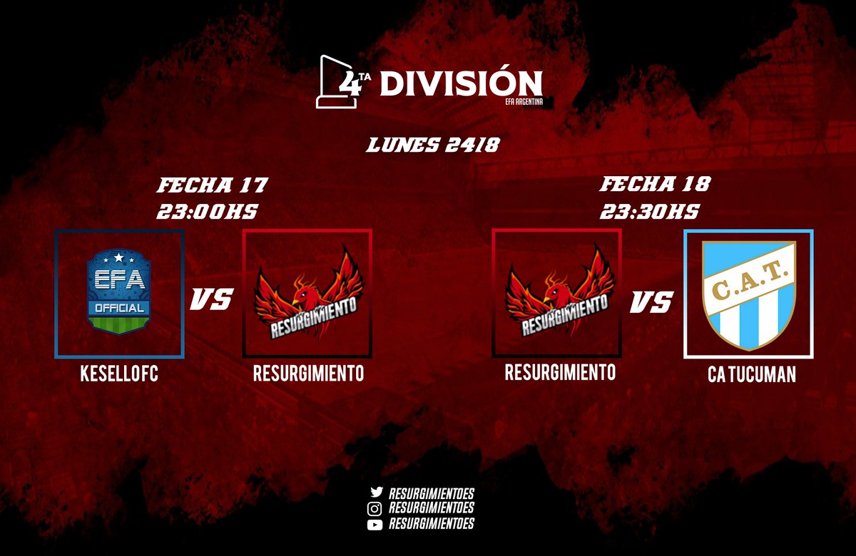 Seguimos peleando por el ascenso. Hoy noche de <a href="/efaargentina/">EFA Argentina (desde 🏡)</a>.

🆚️ <a href="/KeselloF/">Kesello FC</a>
🆚️ <a href="/ATOficial/">Atlético Tucumán</a>