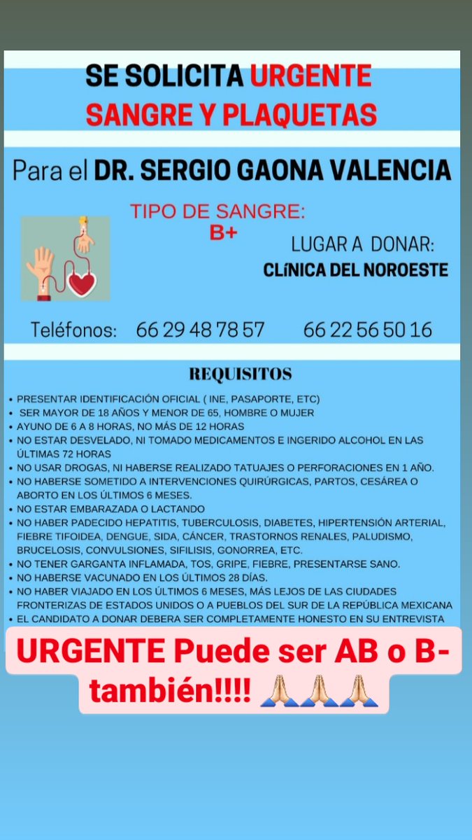 Ima_Salazar's tweet photo. Hola!!! No tenemos NINGÚN donador!! En verdad es URGENTE la donación de Sangre y Plaquetas!!! Puede ser B+ B- y AB !!!! Entiendo la situación de ahorita pero SE LOS RUEGO están salvando una vida!!! 🙏🏻🙏🏻🙏🏻🙏🏻 https://t.co/9HMvpaaNz4