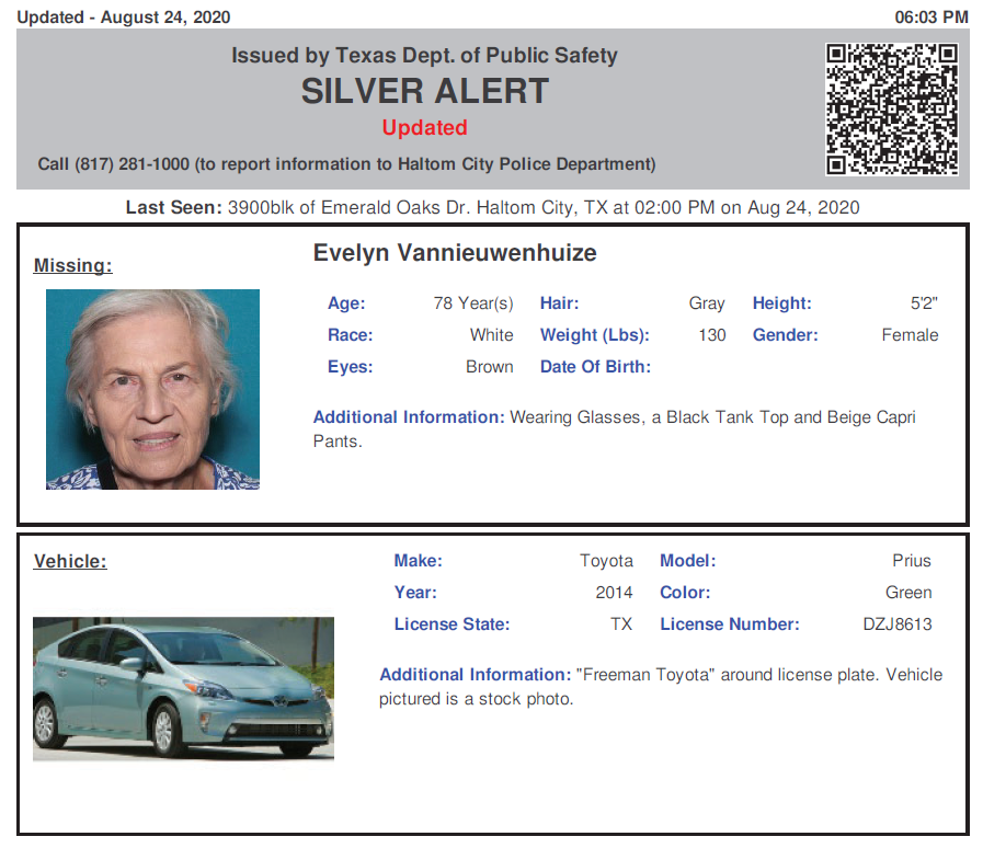 TX_Alerts's tweet photo. ACTIVE SILVER ALERT for Evelyn Vannieuwenhuize from Haltom City, TX, on 08/24/2020, TX plate DZJ8613 https://t.co/ybwYTnSmSJ