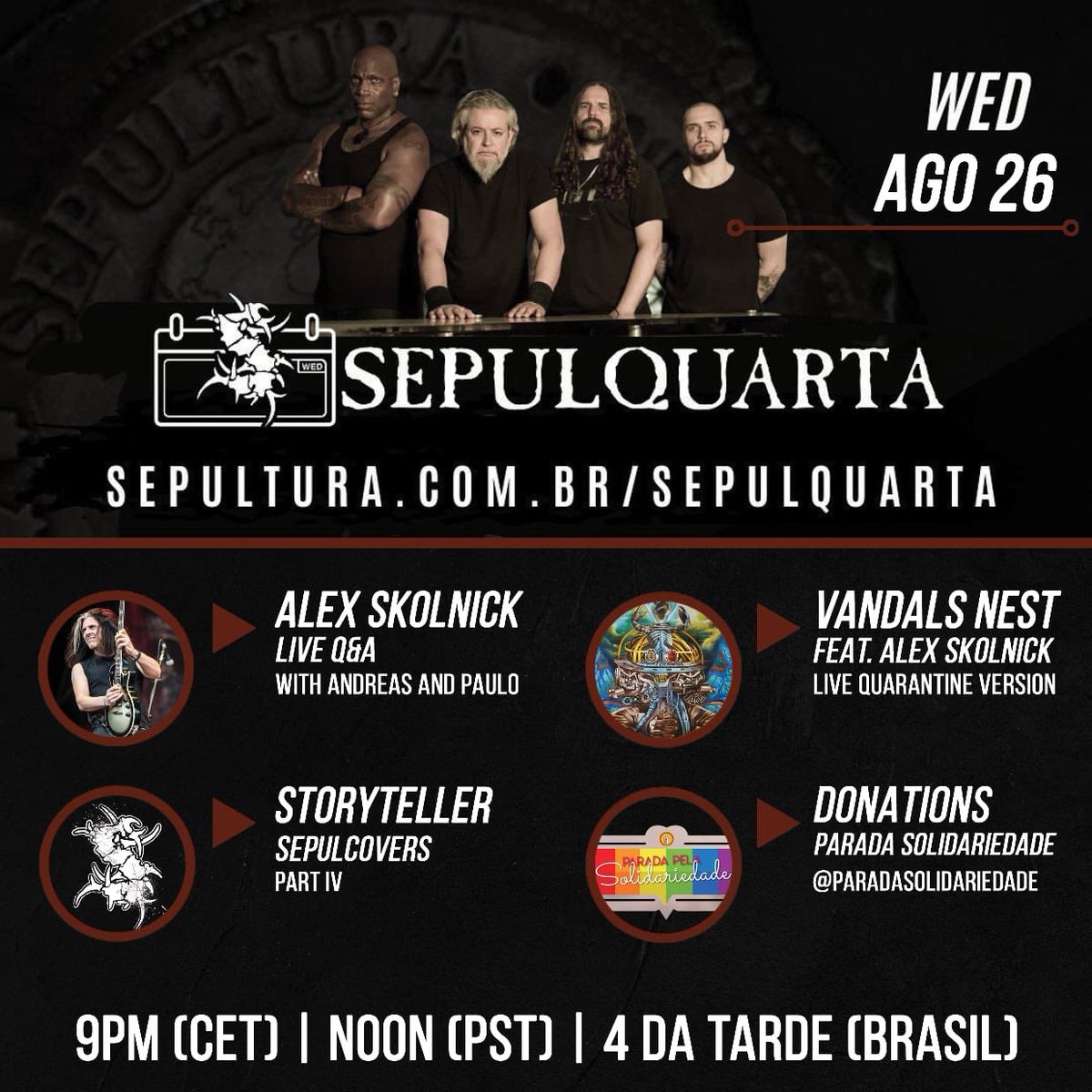 paradasp's tweet photo. Dia 26/08 às 4h da tarde o grupo @sepulturacombr fará uma live com doações para o nosso projeto #ParadaSolidariedade ❤️ Conheça nosso projeto solidário em https://t.co/UdLQz0tFxd https://t.co/YG4Az9e8h5