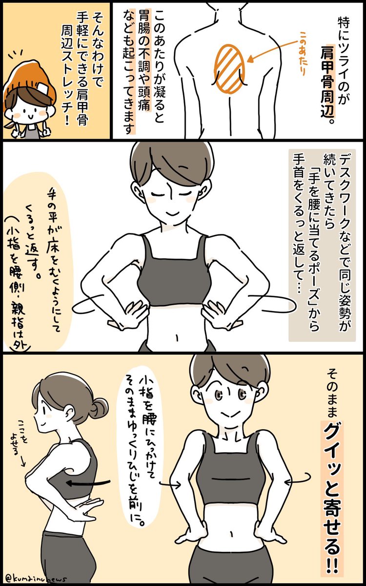 おはようございます!あついな!?おかしいな!?

肩甲骨あたりがこりやすい人はぜひこのストレッチをやってみてね!普段伸びないところがグイーンと開いて伸びますよ!
片腕でもできるお手軽ストレッチです✨ 