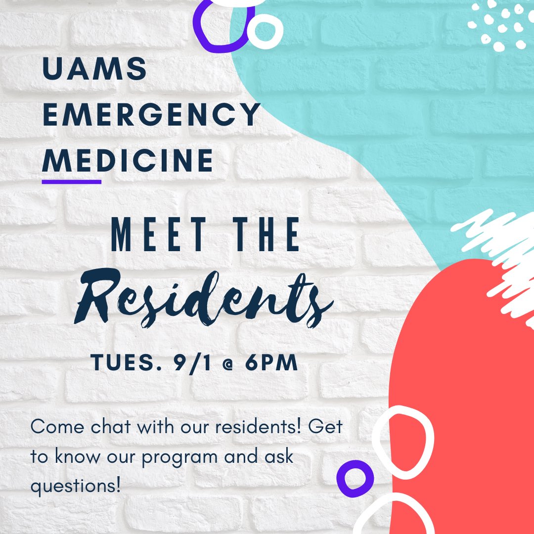 ATTENTION APPLICANTS!!!
Wanna know more about UAMS EM?
Sign up for our 1st Zoom hangout - Tuesday 9/1 at 6PM! Drop in to get to know the residents and ask questions about our program! Sign up with the link below! 

SEE YOU THERE!!
forms.gle/fbd1SRp2jCgTfR…