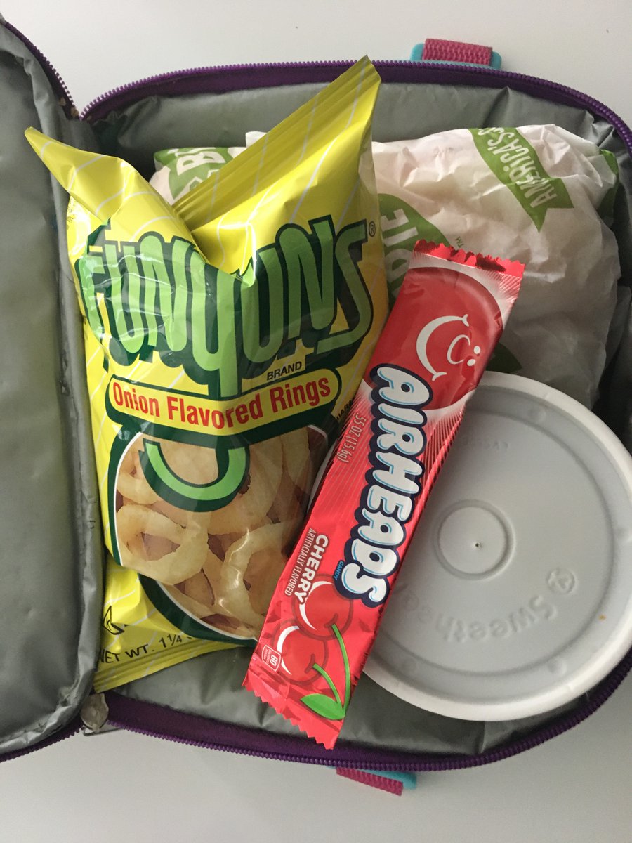 therealinformer's tweet photo. When dads in charge of school lunch in the morning #Blimpie best, funyons air heads with pickles and tomatoes in the soup carton #DadLife https://t.co/pHKfODoPvn