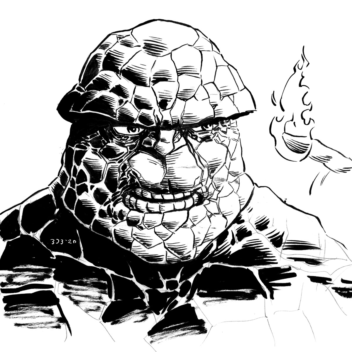 #monstersketchmonday Maybe migraine onset not the BEST time to bust out the ink and brush again, but ah well. Monday waits for no one. #fantasticfour #theeverlovinblueeyedthing #comicart #ink #brushinking #migraineart #isitlopsidedorisitjustme