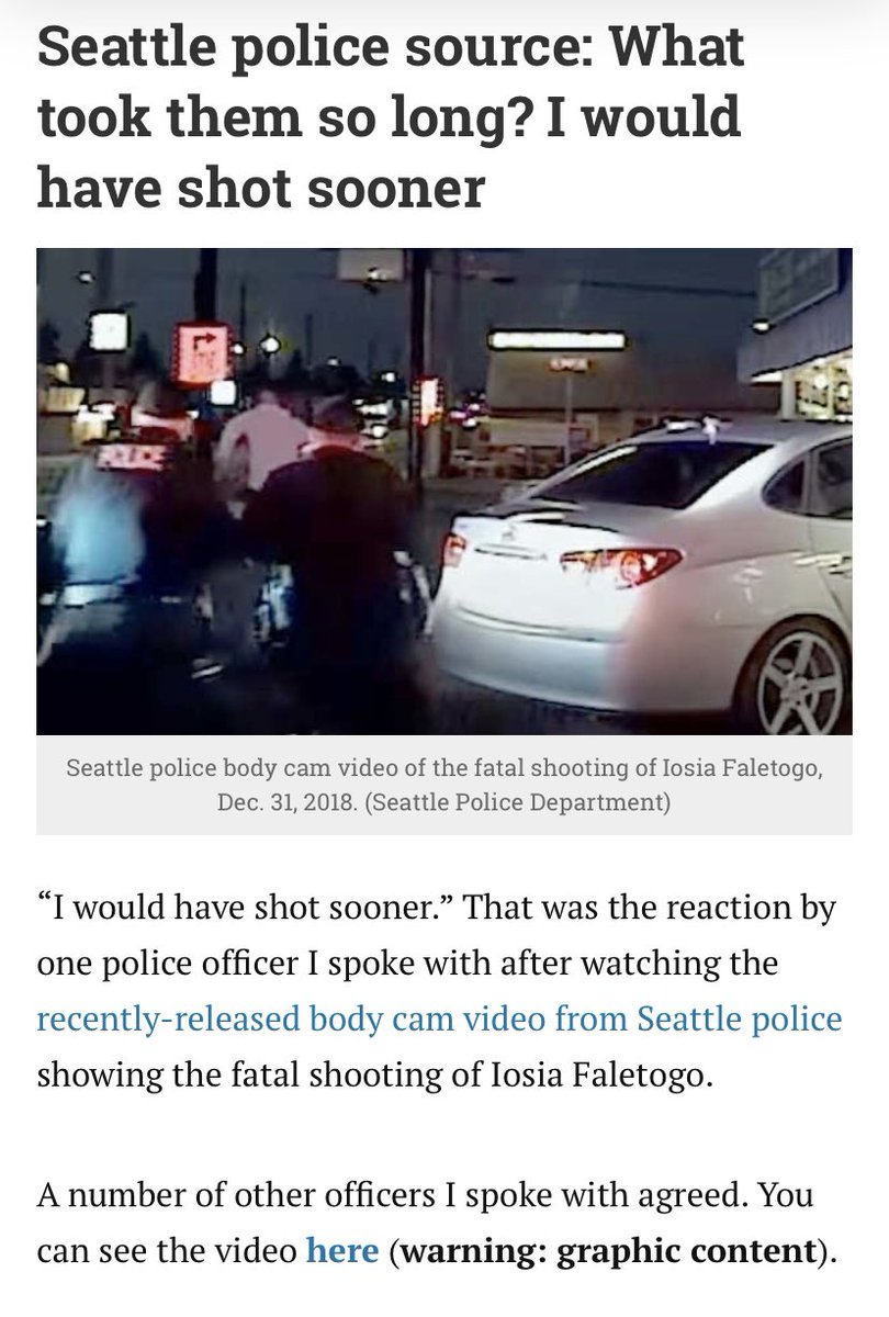 I often think about this article when discussing SPD. Back in 2018 Iosia Faletogo was chased by 6 officers, tackled, and shot point blank in the head as he was restrained while complying with their orders. This article was published 3 days after the incident.