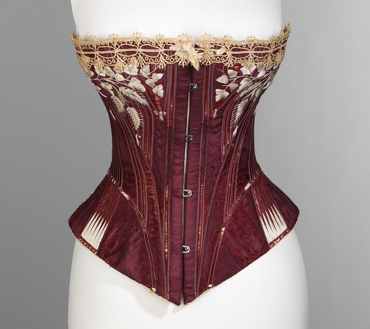 As opposition, Victorian hourglass-shaped corsets compressed the abdomen, forcing it downward. They were typically V-shaped at the bustline.