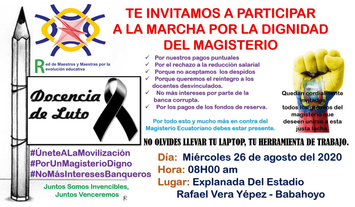 Red12d01's tweet photo. Todos estamos citados este miércoles a la lucha conjunta por un magisterio digno. @Educacion_Ec @Lenin @elcomerciocom @eluniversocom @monserratcream1 @FinanzasEc @cnni https://t.co/QwPGlqtrrP