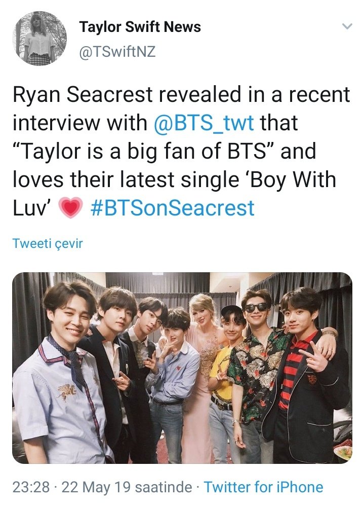 Ryan Seacrest, a well-known radio/television and a friend of Taylor's revealed that Taylor is a big fan of Boy With Luv, which could be a potential fact given she's appreciative of BTS' music & also Halsey, who is featured on the track.