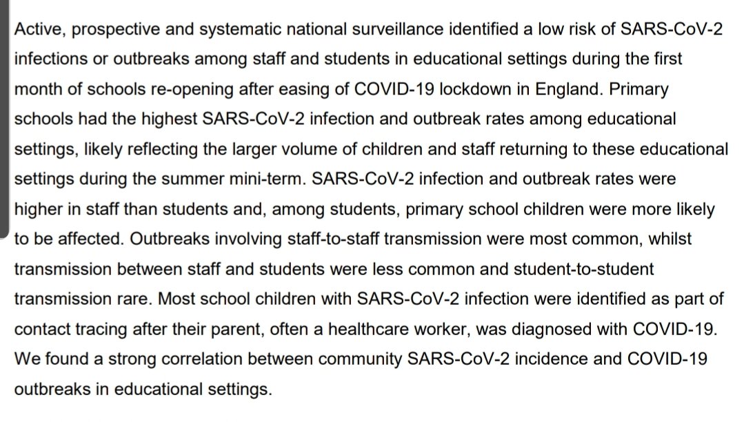 19/ SS2: Report says there were more outbreaks in primary than secondary, and that the main reason is most likely that primaries had more students and staff in before summer than secondaries.More students and staff = more outbreaks. The comments about low infection rates only