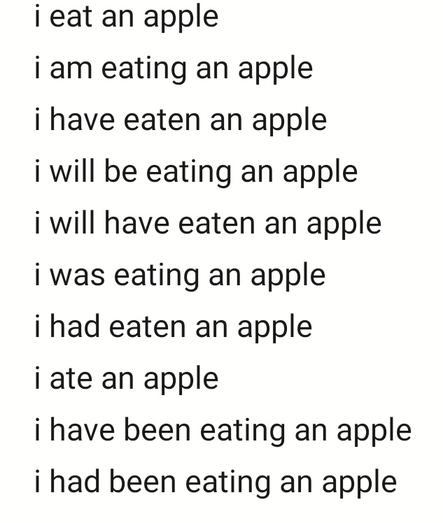 example : i eat an apple. you can make up pretty much every tense out of this sentence by just adding be or have or the preterit tense, or add will for the future tense. but see how many variation that can give you, and how they all mean slightly different things :